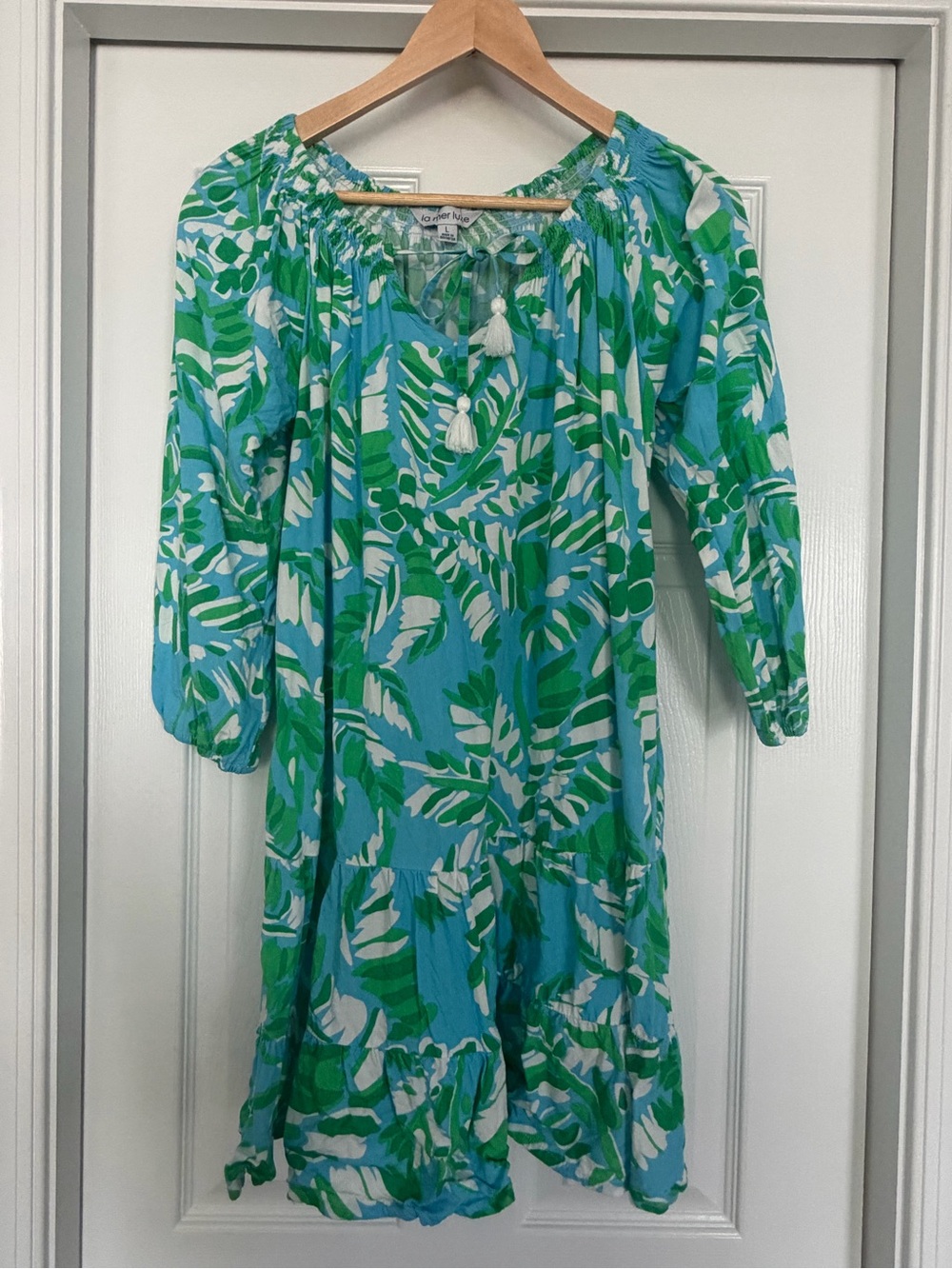 La Mer Luxe Tassel Tie Tropical Print Tunic Dress in Aqua & Green